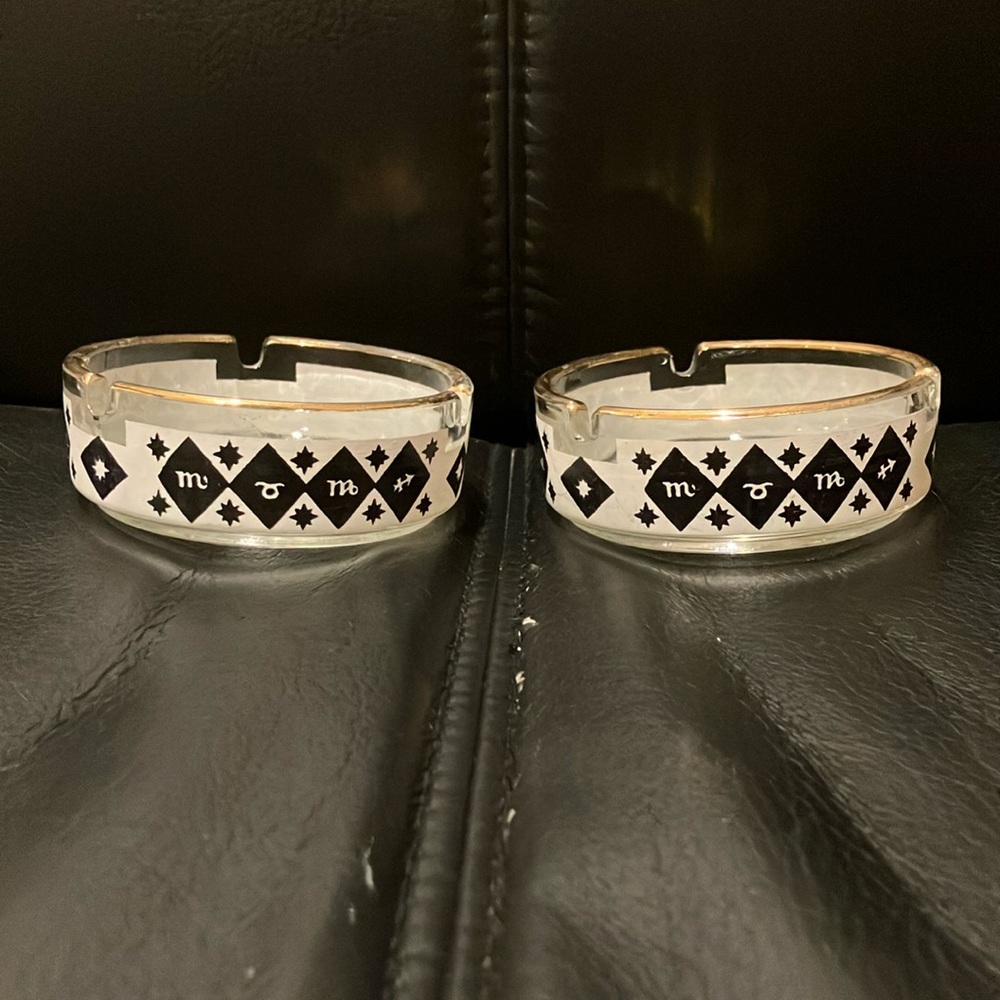 Set of 2 MCM Clear Glass Ashtrays with Black Geometric Zodiac Signs